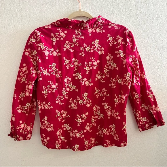 Fuchsia cherry blossom print blouse with 3/4 sleeves. - Picture 2 of 5